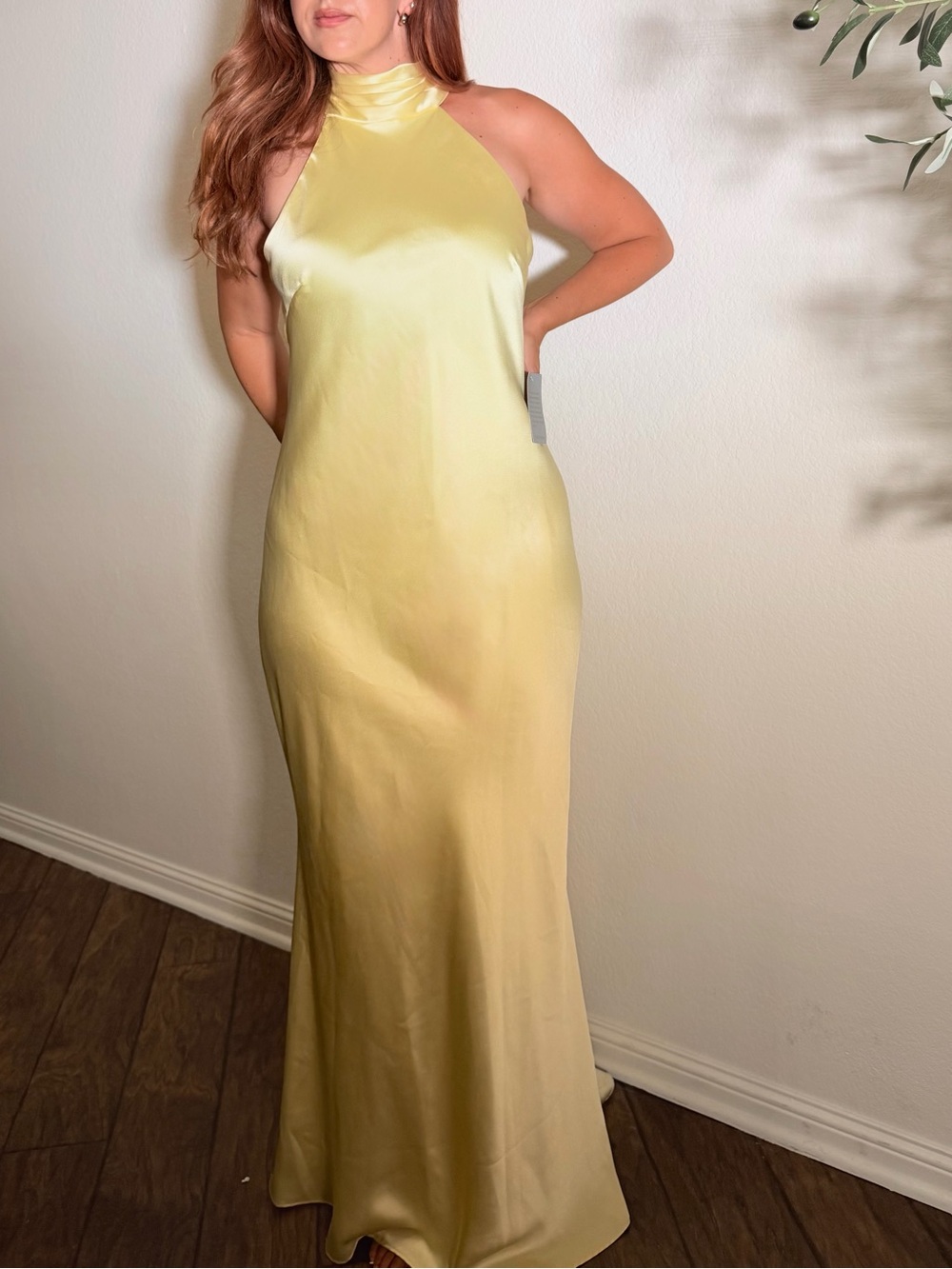 Xscape Satin High Tie Neck Backless Maxi Dress in Pale butter Yellow